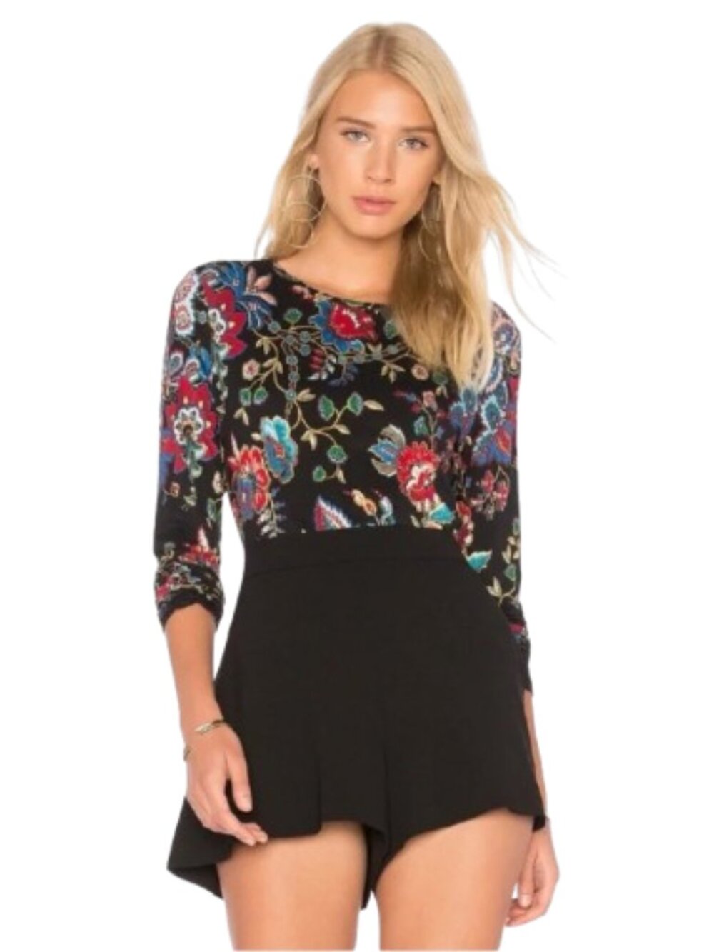 Alice + Olivia Black Floral Print Long Sleeve Top